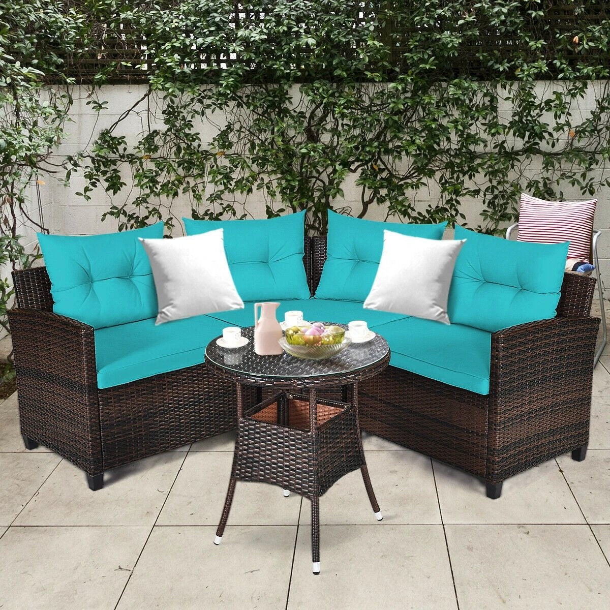 4 Pieces Outdoor Cushioned Rattan Furniture Set-Turquoise by DirectDeals