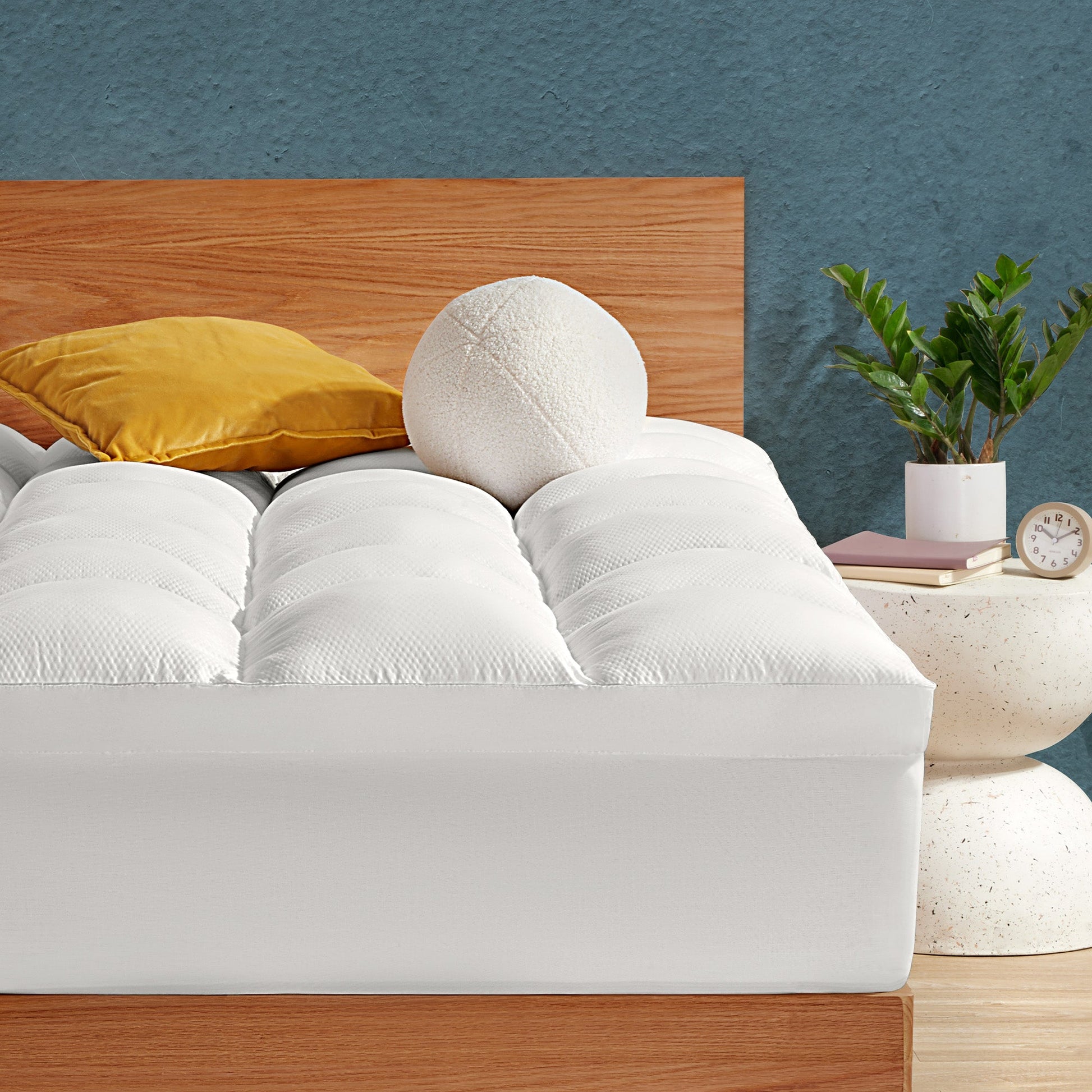 White mattress on a wooden bed frame with a blue wall and plant in the background