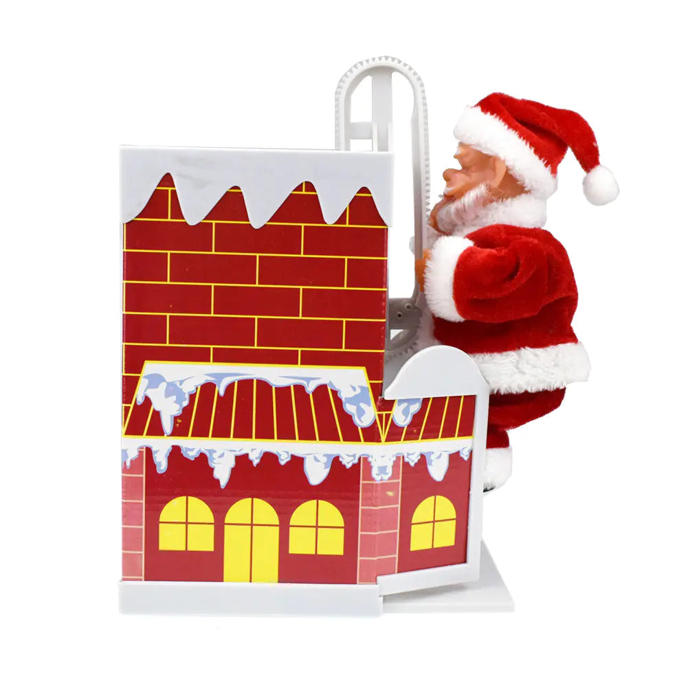 Santa Claus climbing a red brick chimney with yellow windows on a white background