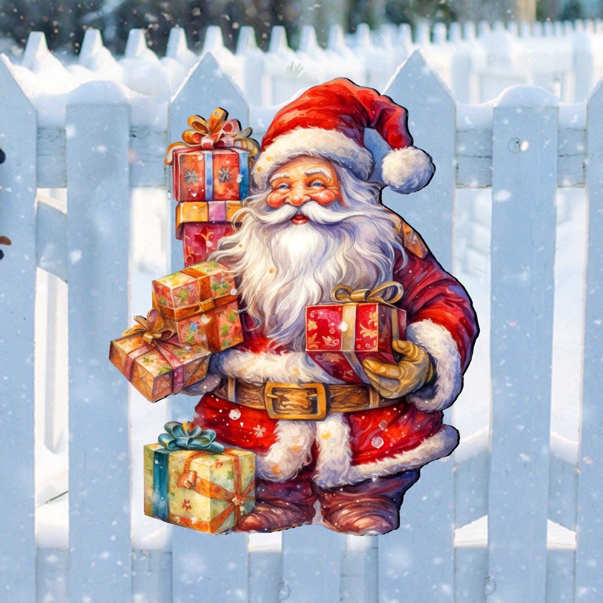 Illustration of Santa Claus holding gifts against a white picket fence with snow.