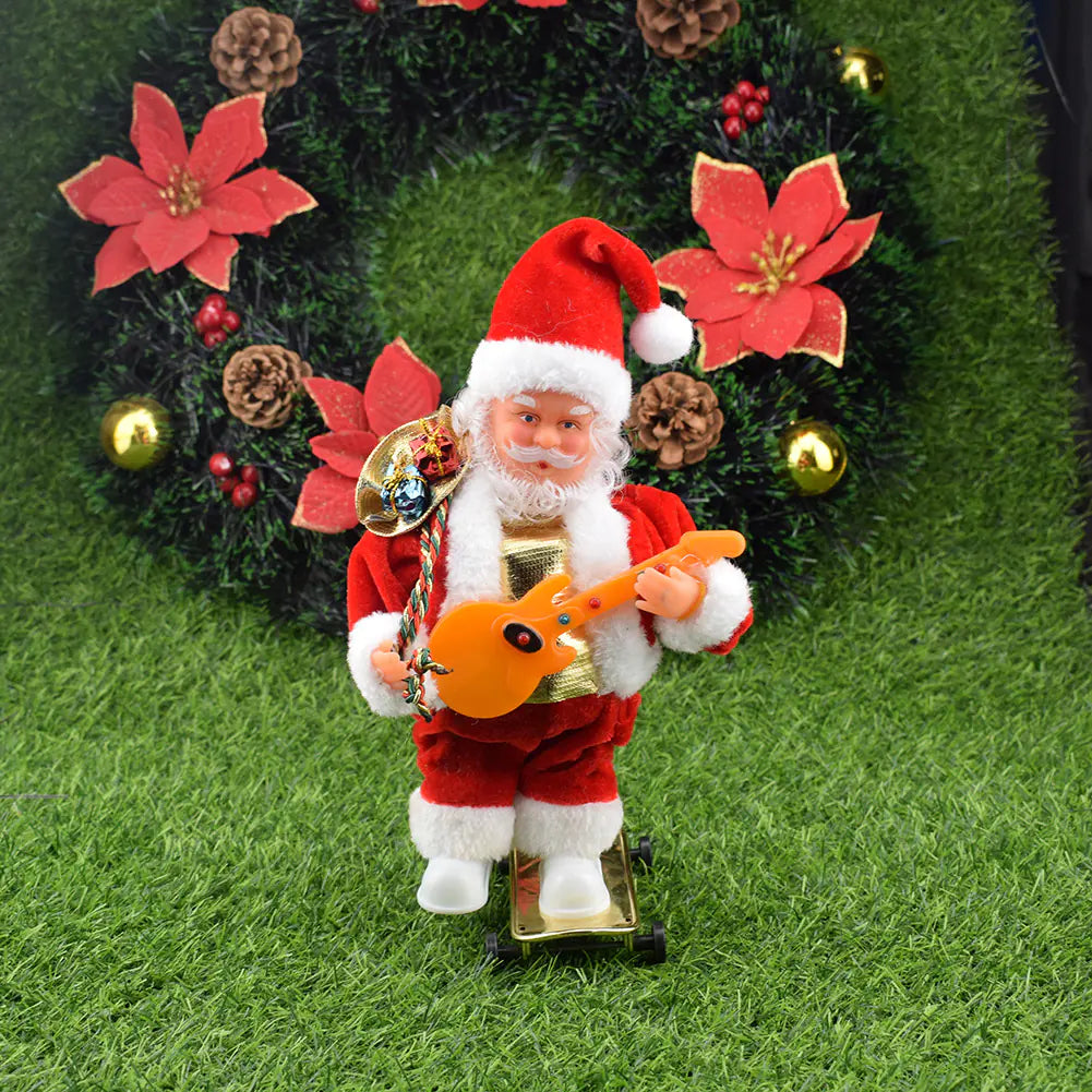 Animated Santa Claus figure playing guitar in front of a Christmas wreath with poinsettias.