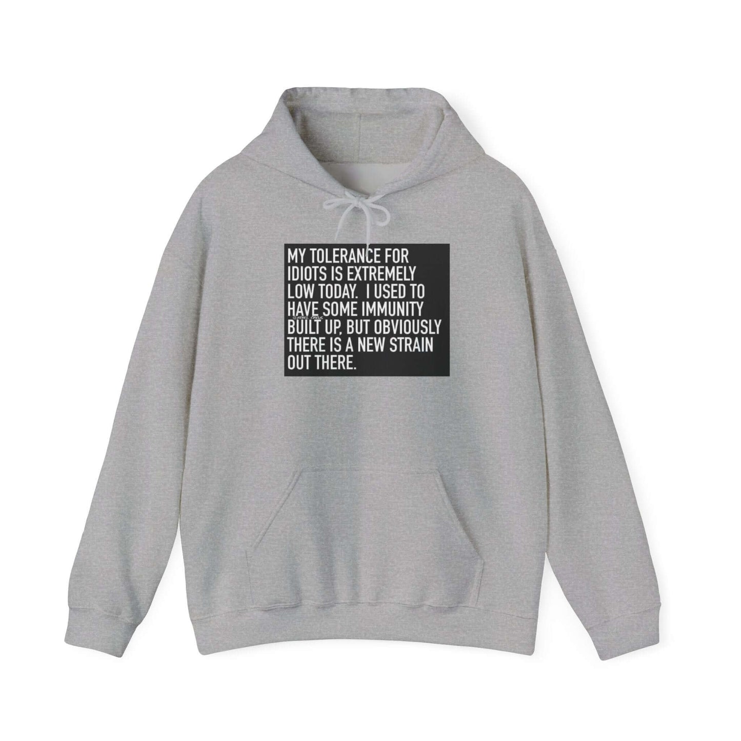Gray hoodie with text on a white background
