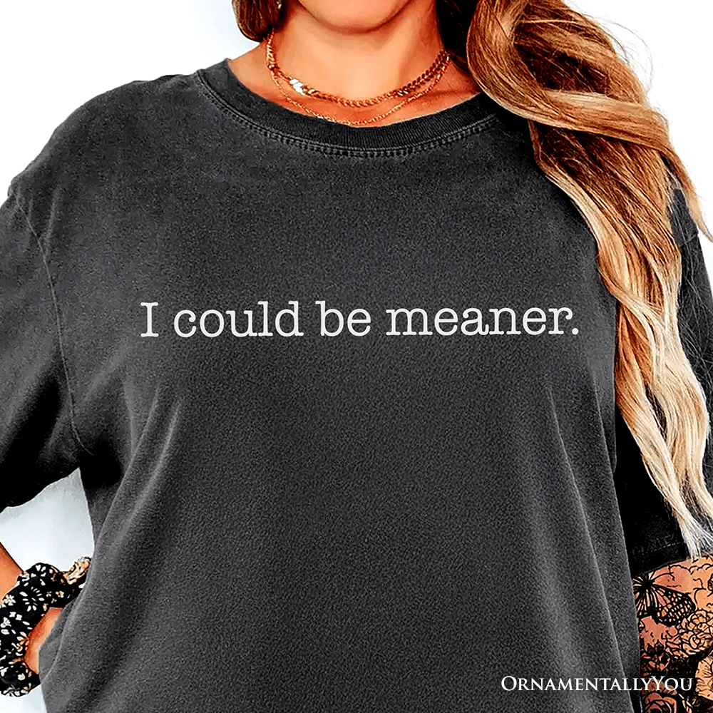 Black sweatshirt with 'I could be meaner.' text worn by a person with long hair.