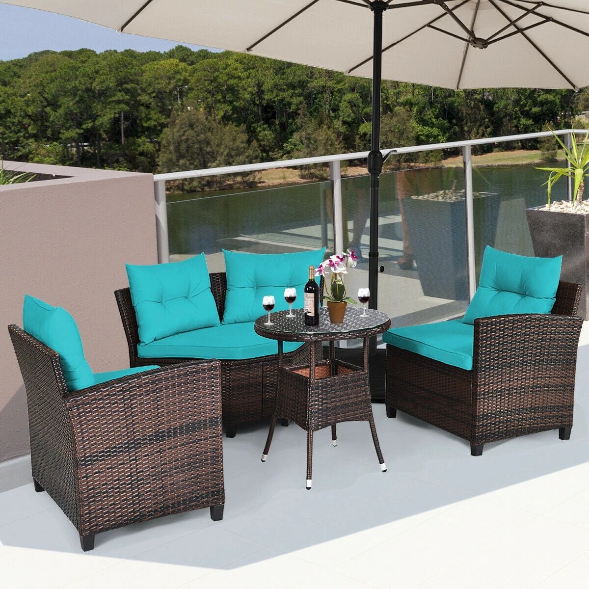 4 Pieces Outdoor Cushioned Rattan Furniture Set-Turquoise by DirectDeals