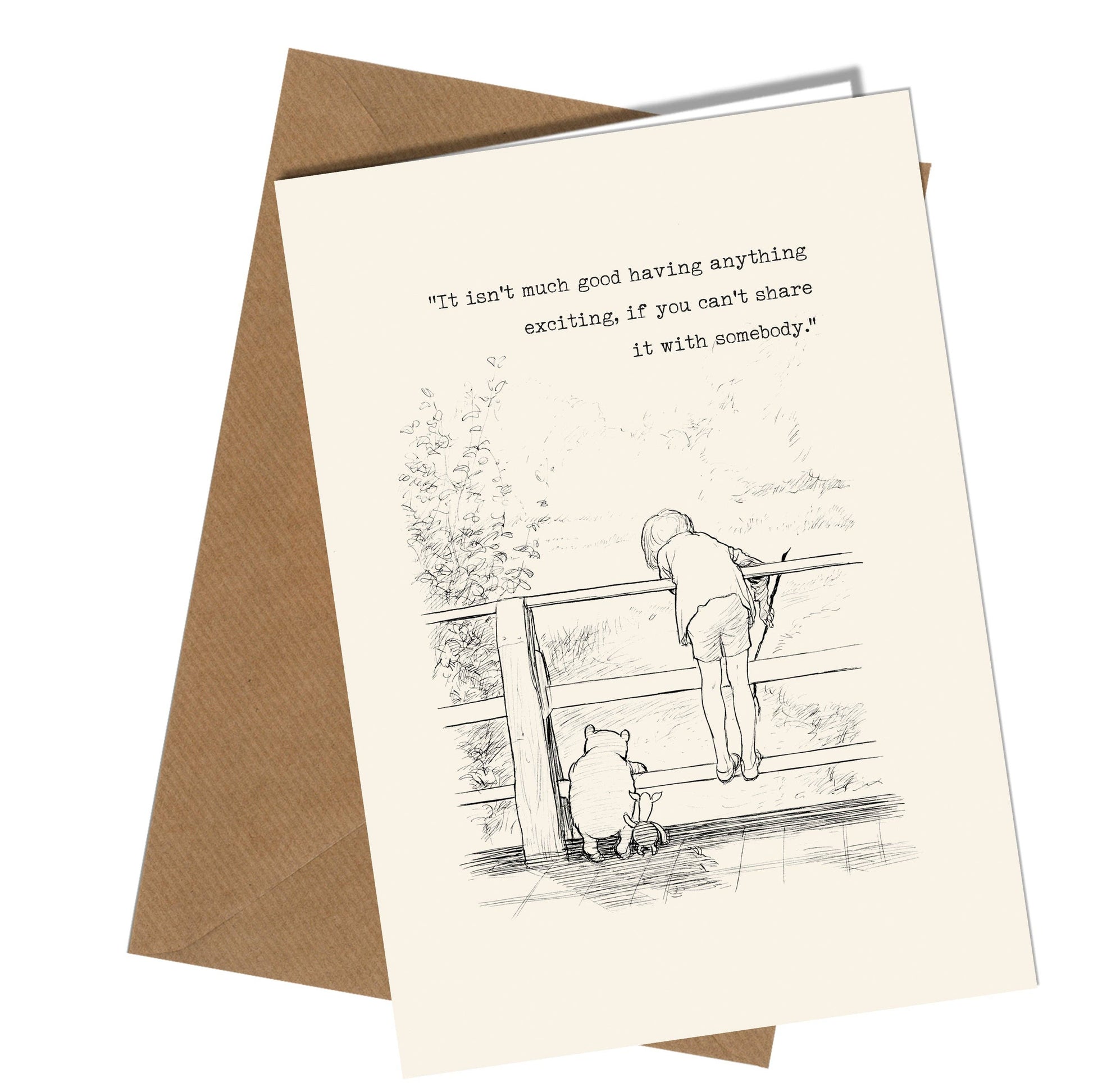 Greeting card with illustration of a girl and a bear on a bench and text message.