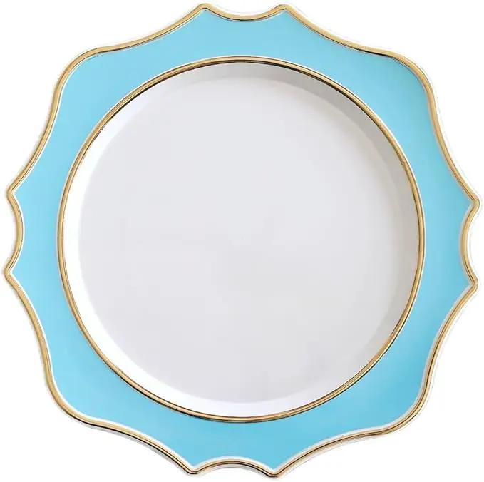 " OCCASIONS " 10 Pieces 13.25'' Scalloped Disposable/Reusable Plastic Charger Plates for Wedding, (Scalloped Imperial Aqua & Gold) by joycraft