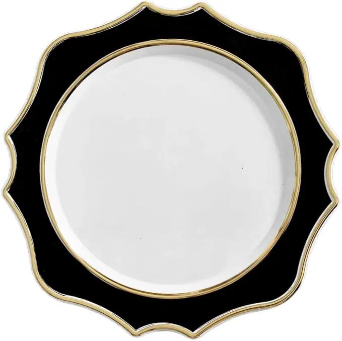 " OCCASIONS " 10 Pieces 13.25'' Scalloped Disposable/Reusable Plastic Charger Plates for Wedding, (Scalloped Imperial Black & Gold) by joycraft