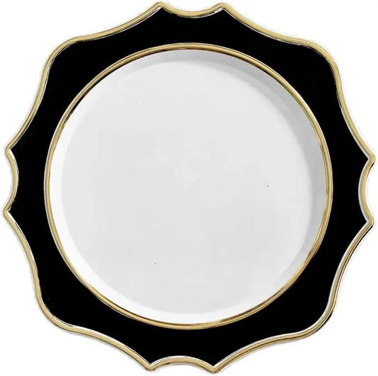 " OCCASIONS " 10 Pieces 13.25'' Scalloped Disposable/Reusable Plastic Charger Plates for Wedding, (Scalloped Imperial Black & Gold) by joycraft