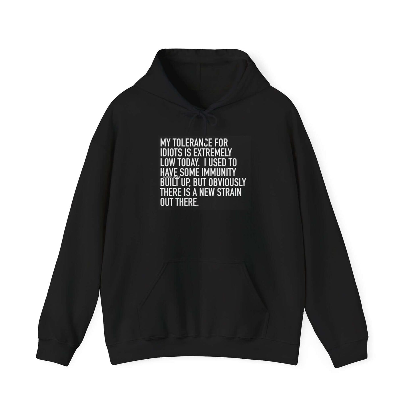 Black hoodie with white text on a white background