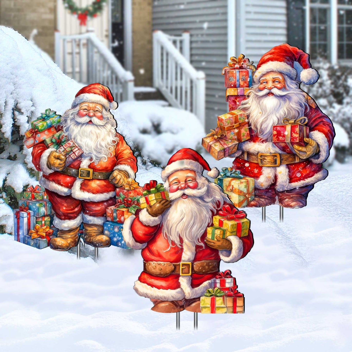 Three cartoon Santa Claus figures holding gifts in a snowy outdoor setting.