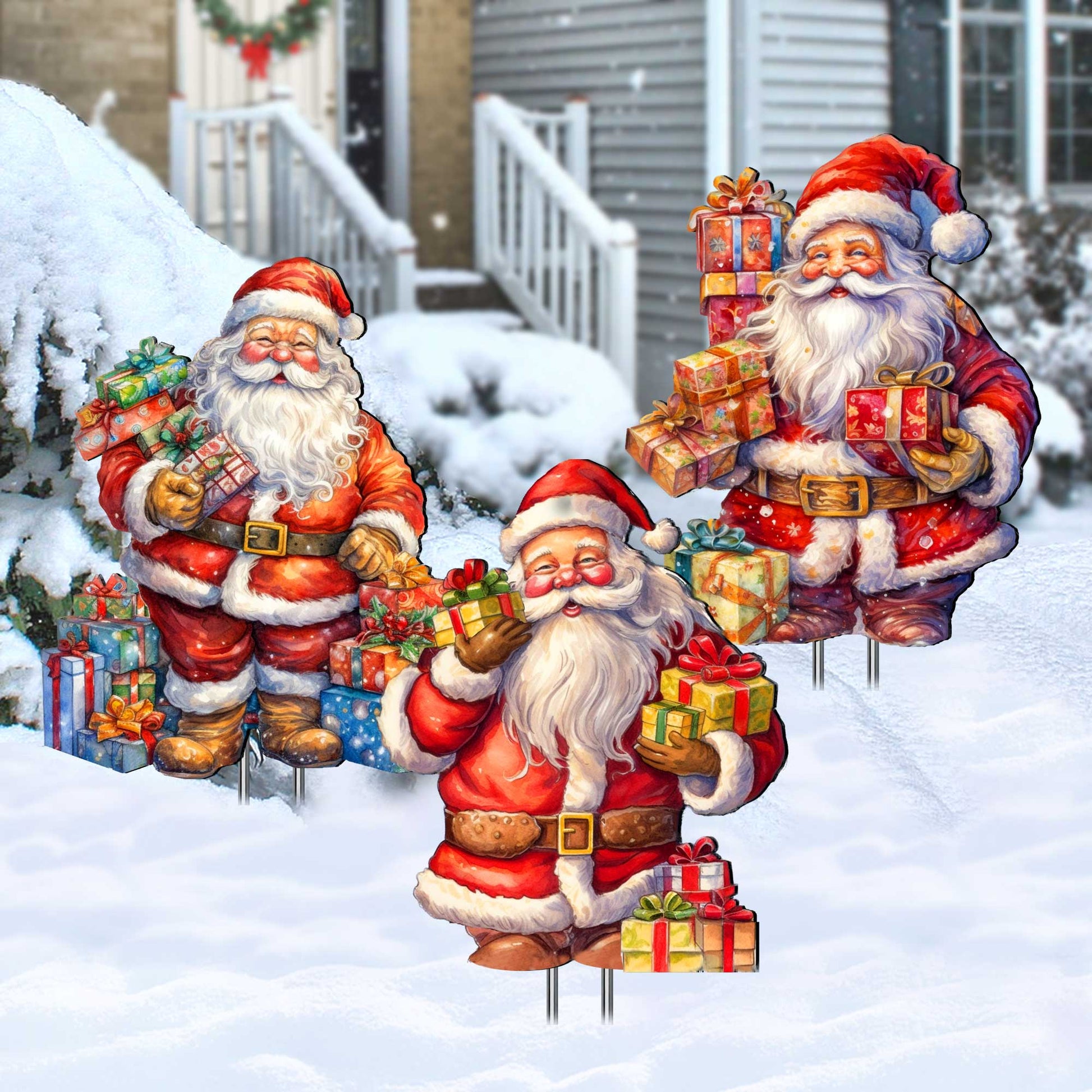 Three cartoon Santa Claus figures holding gifts in a snowy outdoor setting.