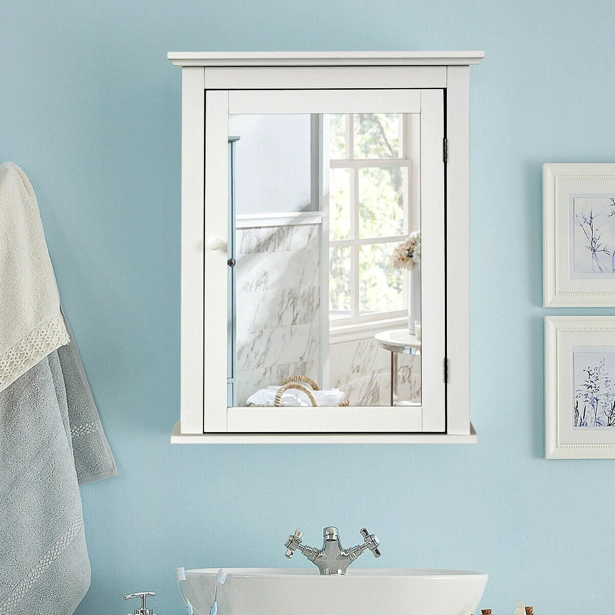 Bathroom Mirror Cabinet Wall Mounted Adjustable Shelf Medicine Storage-White by DirectDeals