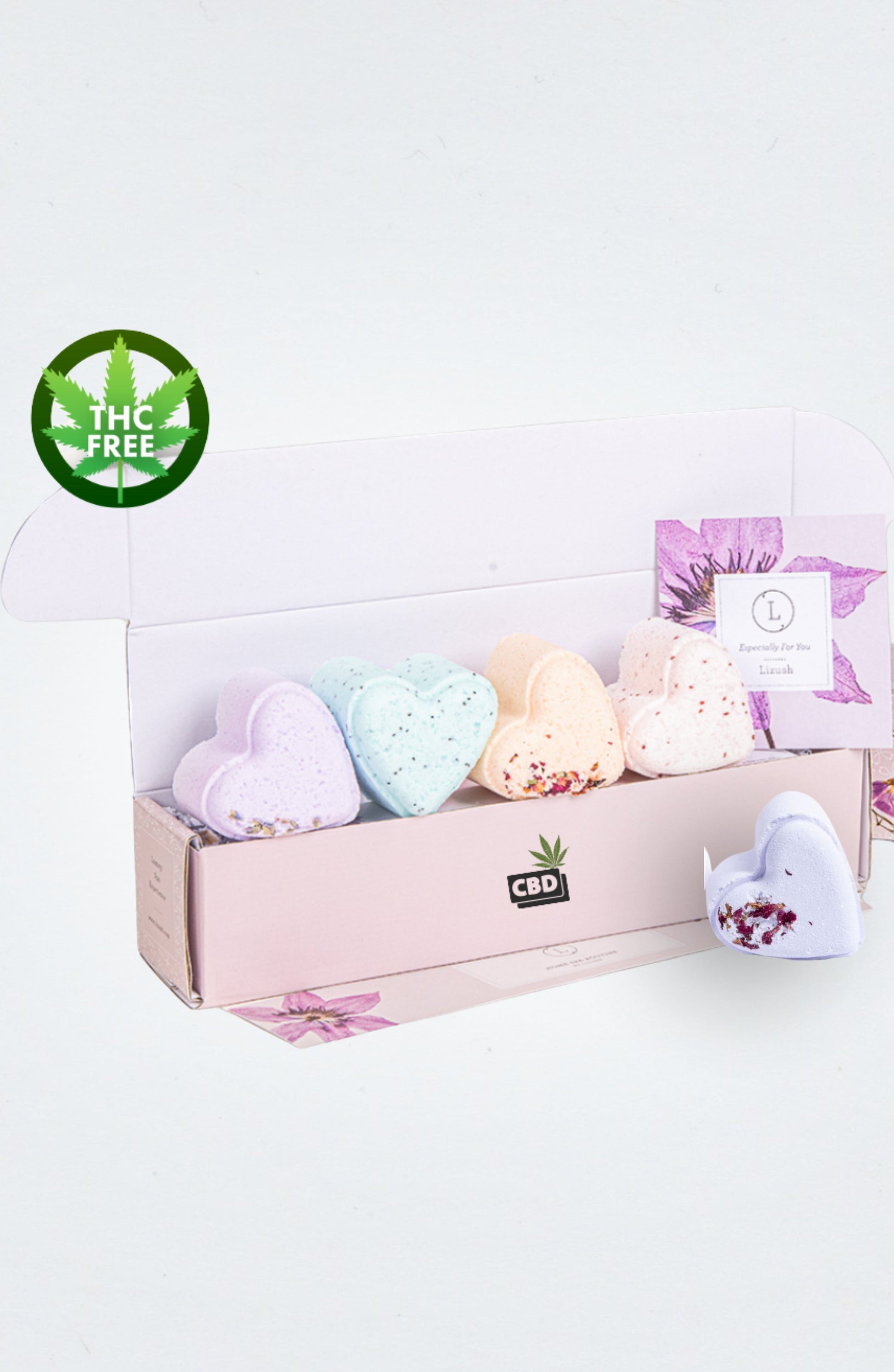 CBD -  5 Hearts Shaped Shower Steamers/ fizzies with CBD - in a Gift Box - Can be personalized. (THC free)-1