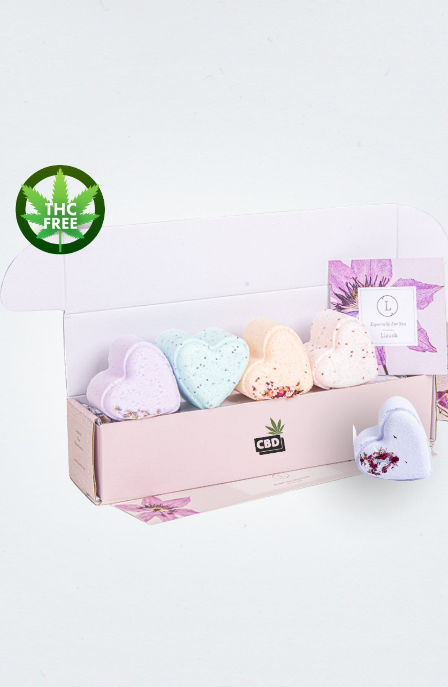 Bath Bombs with CBD -  5 Hearts Shaped with CBD - in a Gift Box - Can be personalized. (THC free)-1