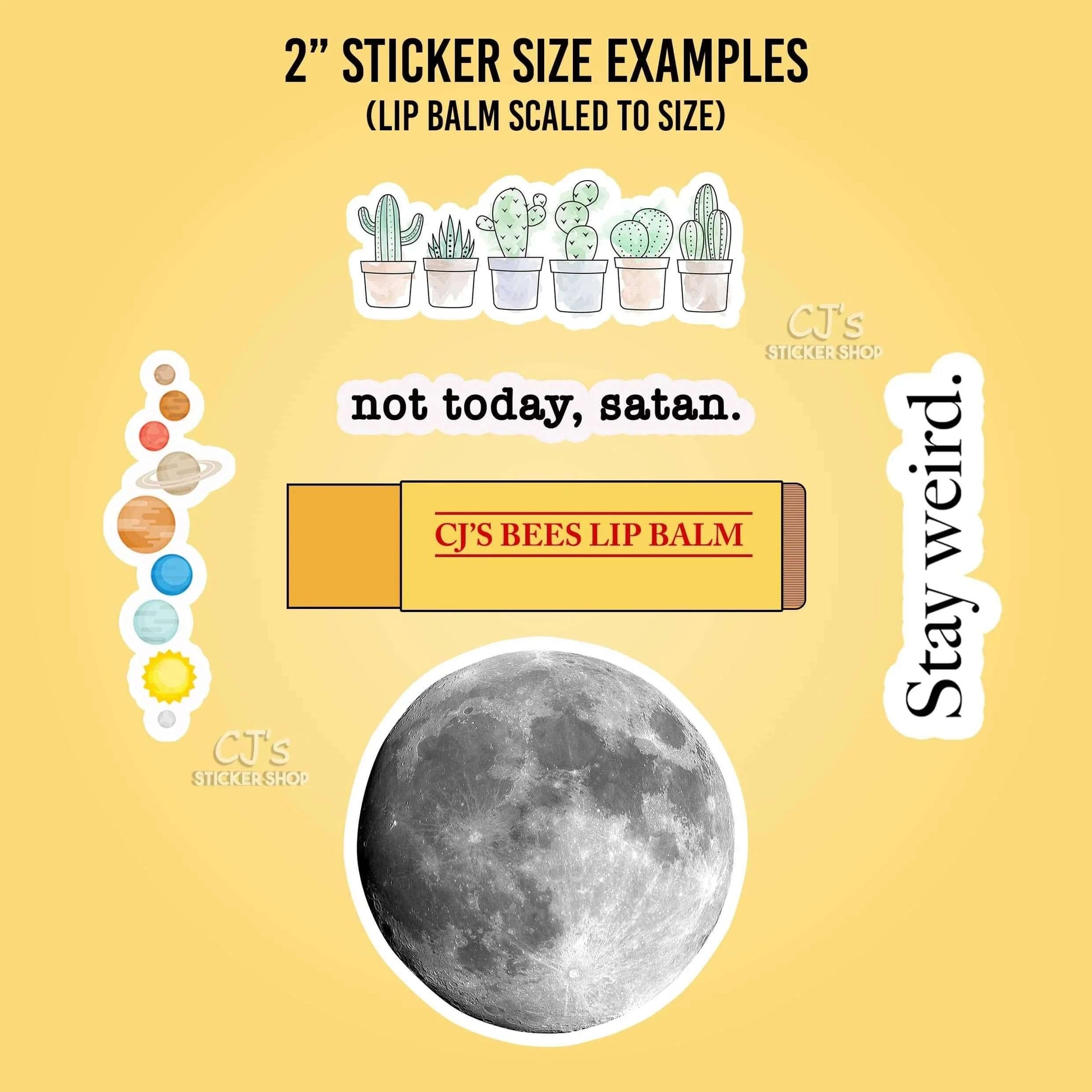 Sticker size examples with lip balm scaled to size on a yellow background