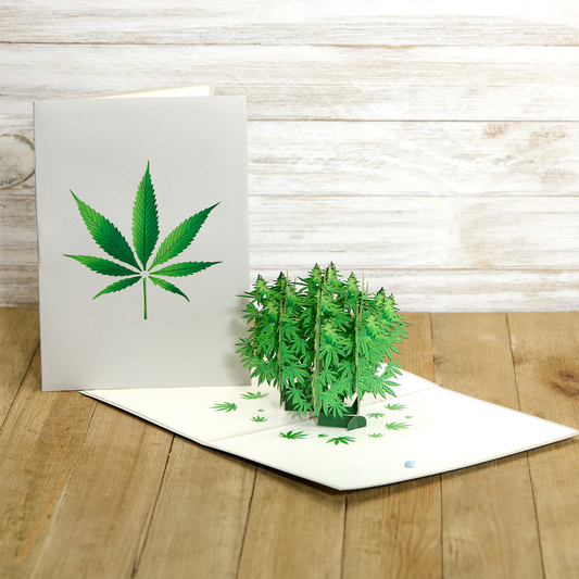 Pop-up card with cannabis leaf design on a wooden surface