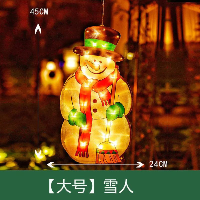 Decorative snowman light with measurements and text on a blurred outdoor background