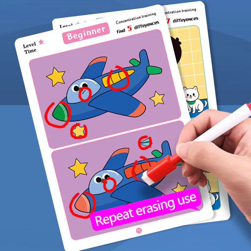 Educational game card with a blue airplane illustration, red markers, and a hand holding a marker on a blue background.