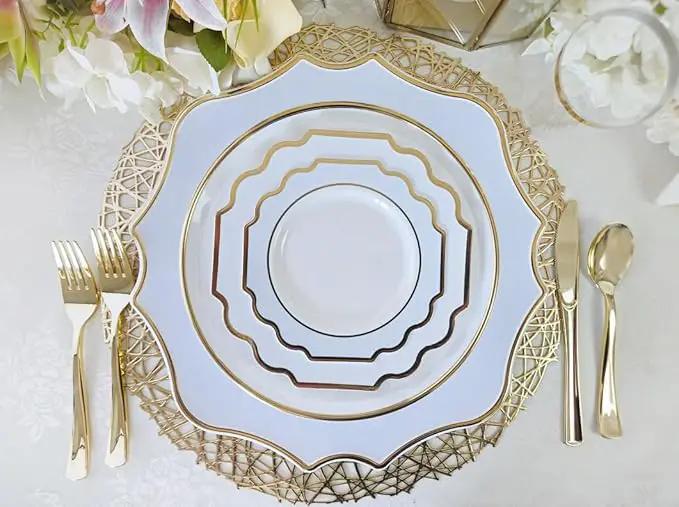 " OCCASIONS " 10 Pieces 13.25'' Scalloped Disposable/Reusable Plastic Charger Plates for Wedding, (Scalloped Imperial Blue & Gold) by joycraft