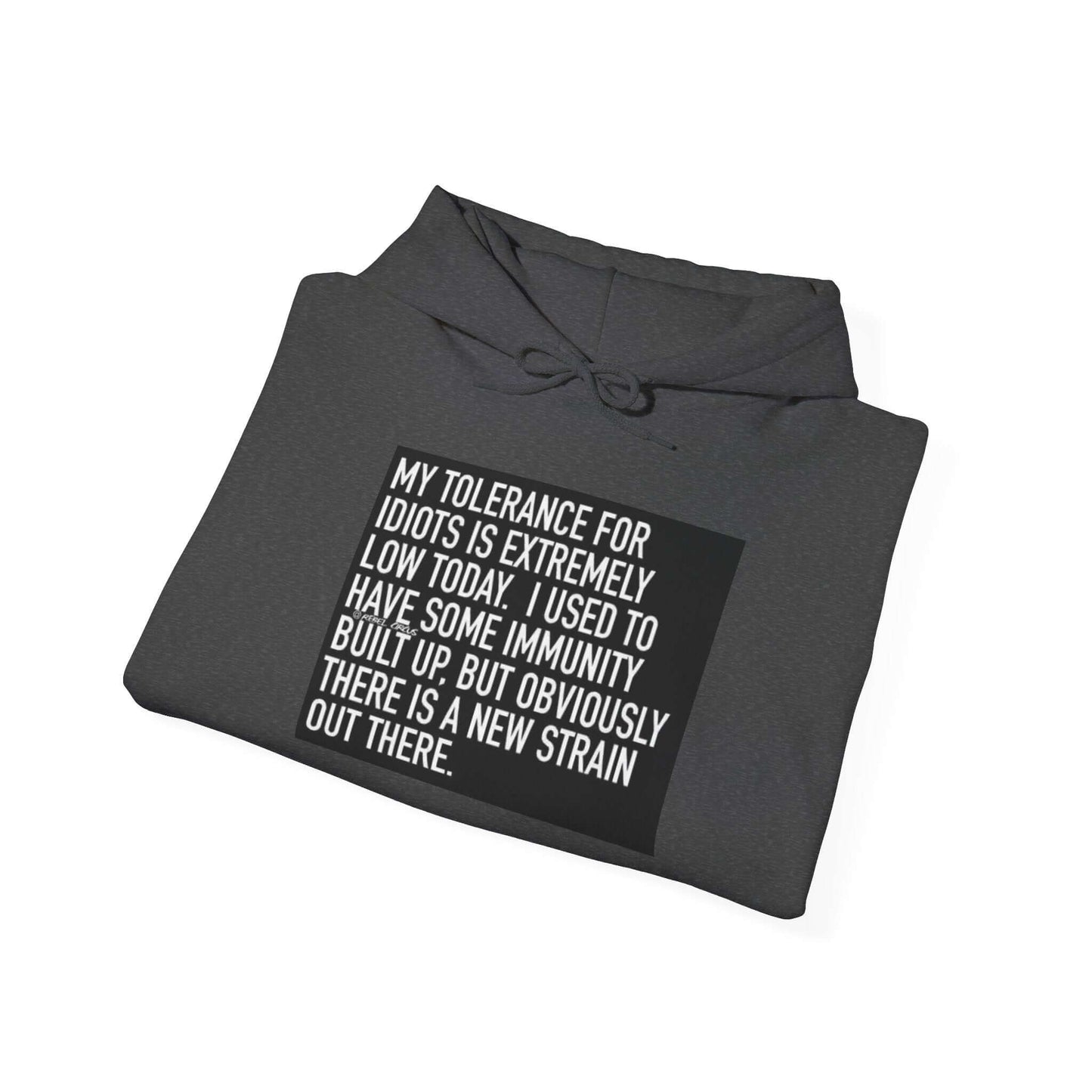 Folded gray hoodie with text on a white background