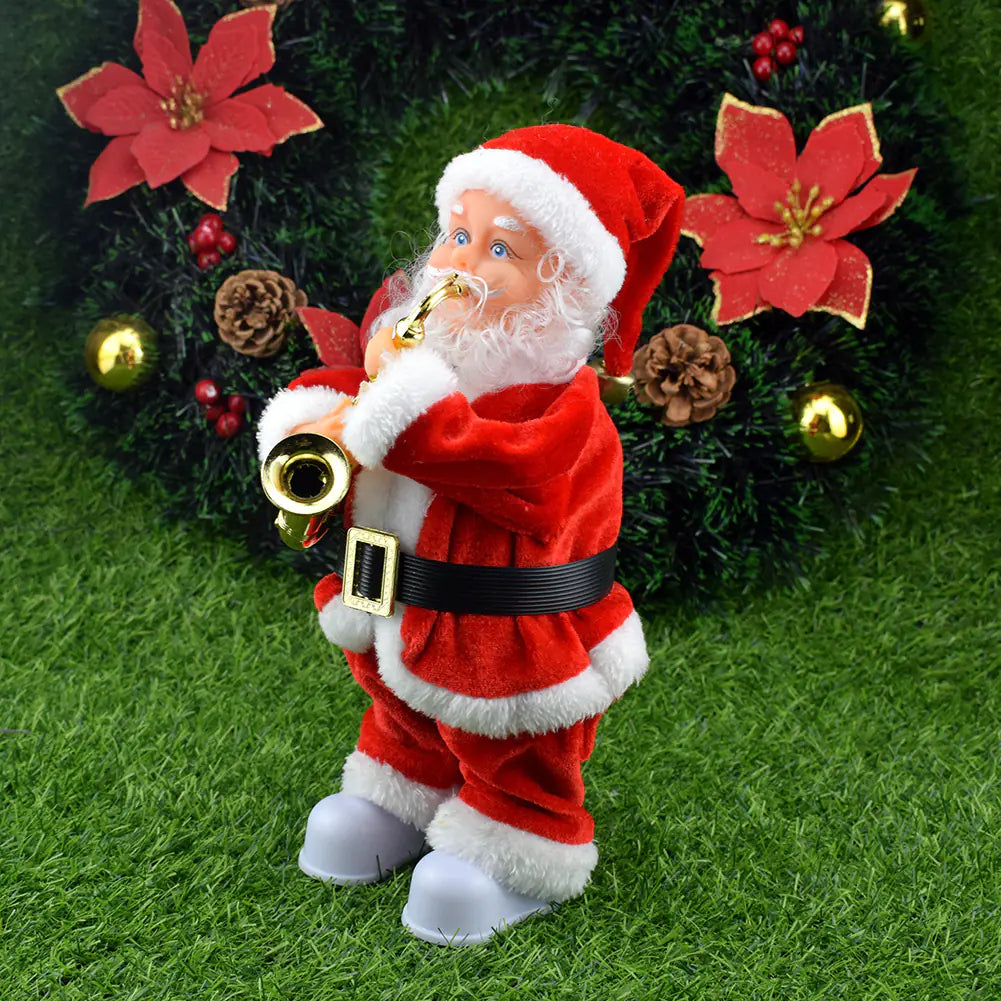 Santa Claus figurine playing a trumpet with Christmas decorations in the background