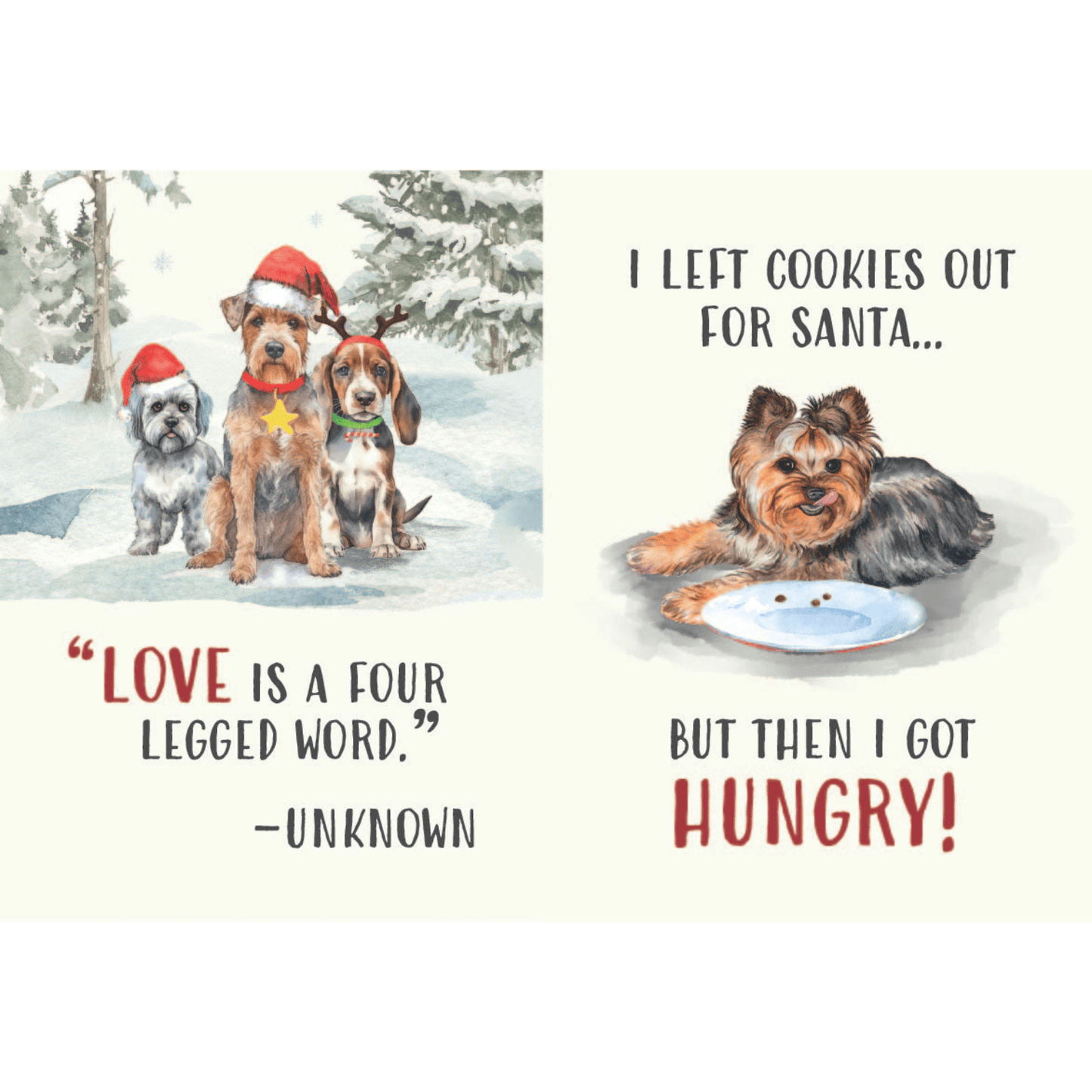 Two Christmas-themed cards with dogs and humorous text on a white background