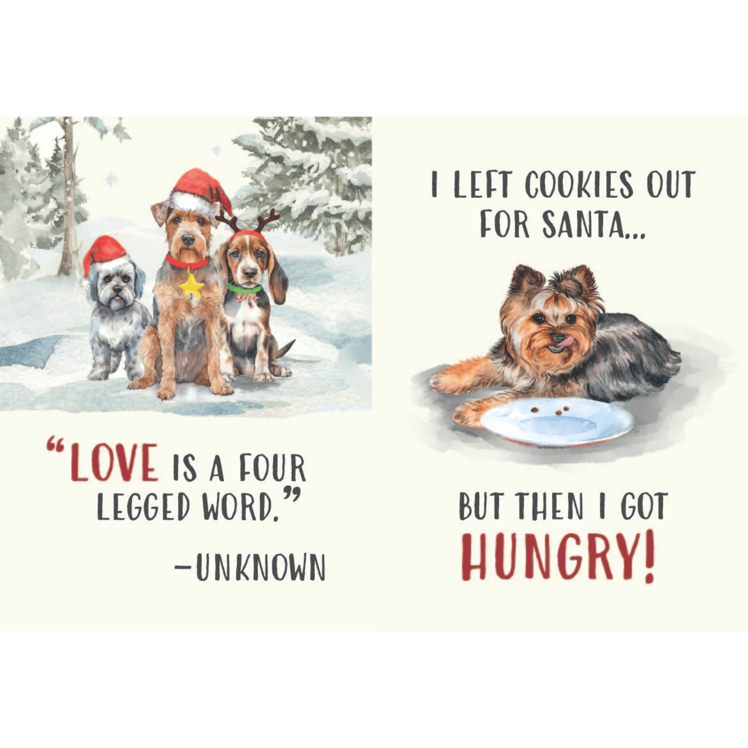 Two Christmas-themed cards with dogs and humorous text on a white background