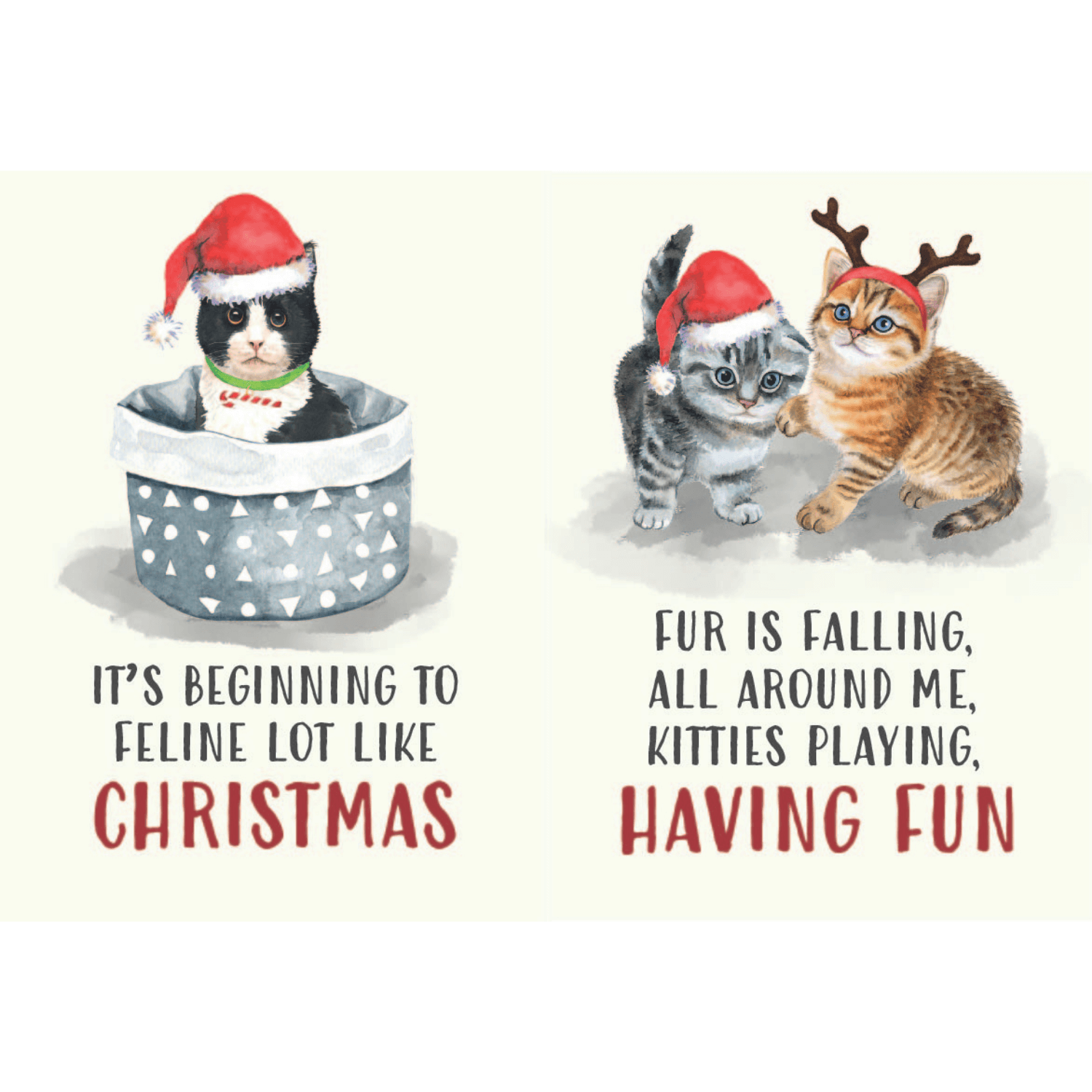 Two cats wearing Christmas hats with humorous Christmas-themed text on a white background.