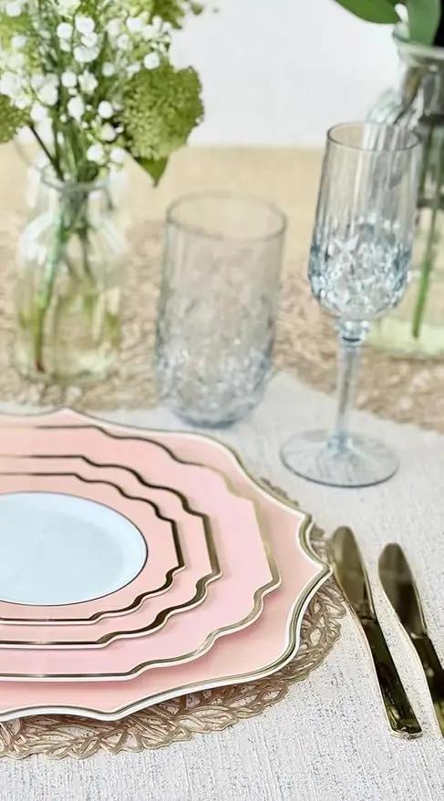 " OCCASIONS " 10 Pieces 13.25'' Scalloped Disposable/Reusable Plastic Charger Plates for Wedding, (Scalloped Imperial Blush & Gold) by joycraft
