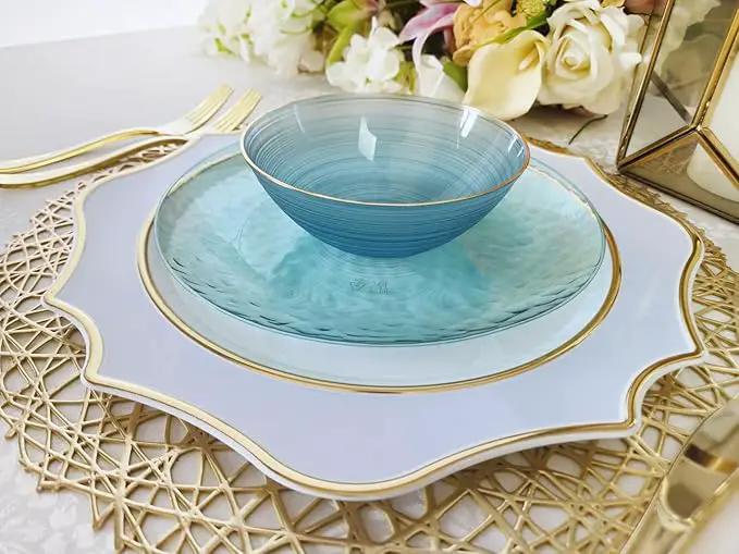 " OCCASIONS " 10 Pieces 13.25'' Scalloped Disposable/Reusable Plastic Charger Plates for Wedding, (Scalloped Imperial Blue & Gold) by joycraft