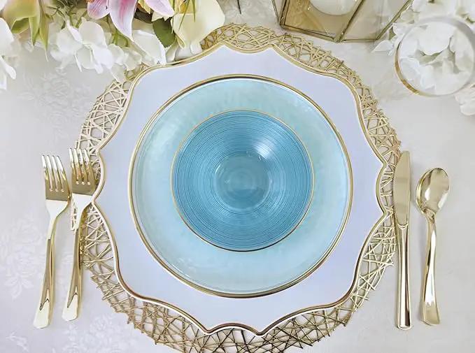 " OCCASIONS " 10 Pieces 13.25'' Scalloped Disposable/Reusable Plastic Charger Plates for Wedding, (Scalloped Imperial Blue & Gold) by joycraft
