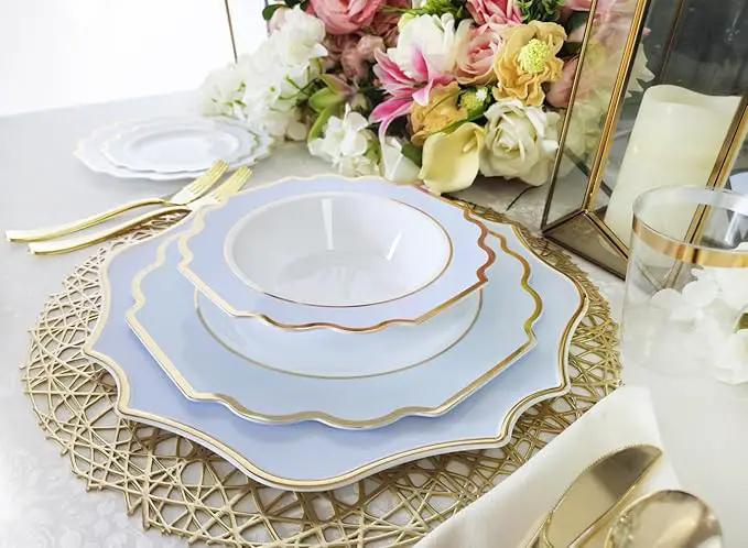 " OCCASIONS " 10 Pieces 13.25'' Scalloped Disposable/Reusable Plastic Charger Plates for Wedding, (Scalloped Imperial Blue & Gold) by joycraft