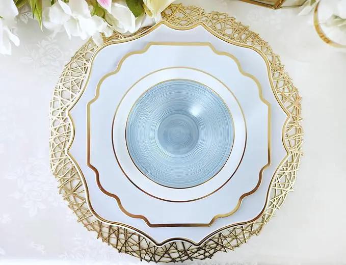 " OCCASIONS " 10 Pieces 13.25'' Scalloped Disposable/Reusable Plastic Charger Plates for Wedding, (Scalloped Imperial Blue & Gold) by joycraft