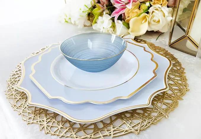 " OCCASIONS " 10 Pieces 13.25'' Scalloped Disposable/Reusable Plastic Charger Plates for Wedding, (Scalloped Imperial Blue & Gold) by joycraft