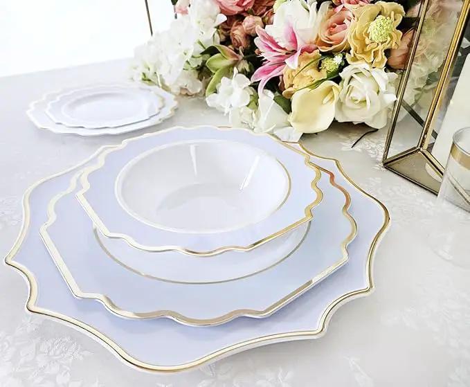 " OCCASIONS " 10 Pieces 13.25'' Scalloped Disposable/Reusable Plastic Charger Plates for Wedding, (Scalloped Imperial Blue & Gold) by joycraft