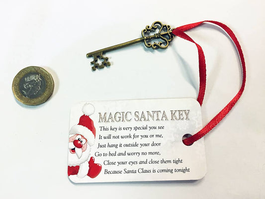 Decorative key with 'Magic Santa Key' tag on a white background