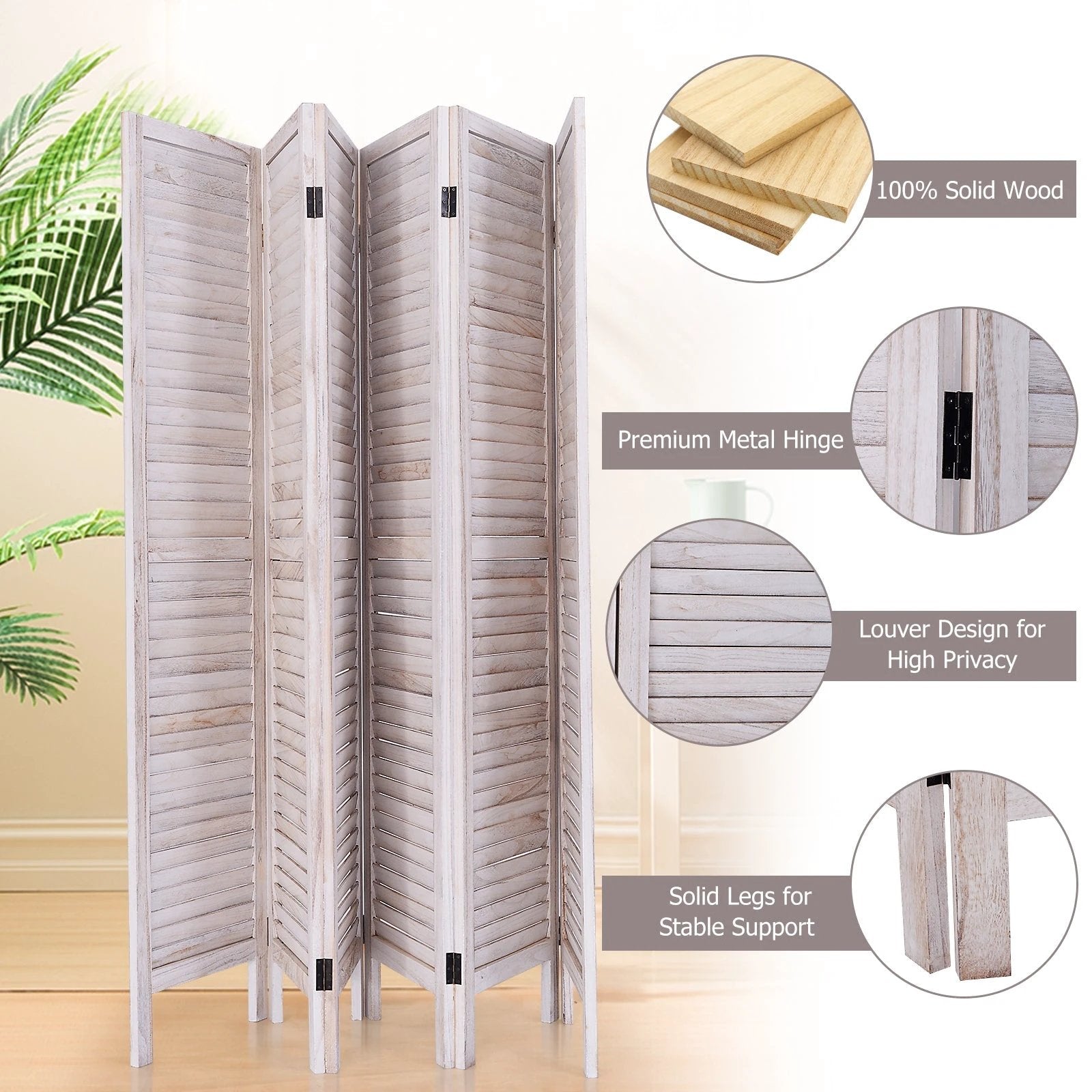 6 Panels Classic Venetian Wooden Slat Room Screen-White by DirectDeals