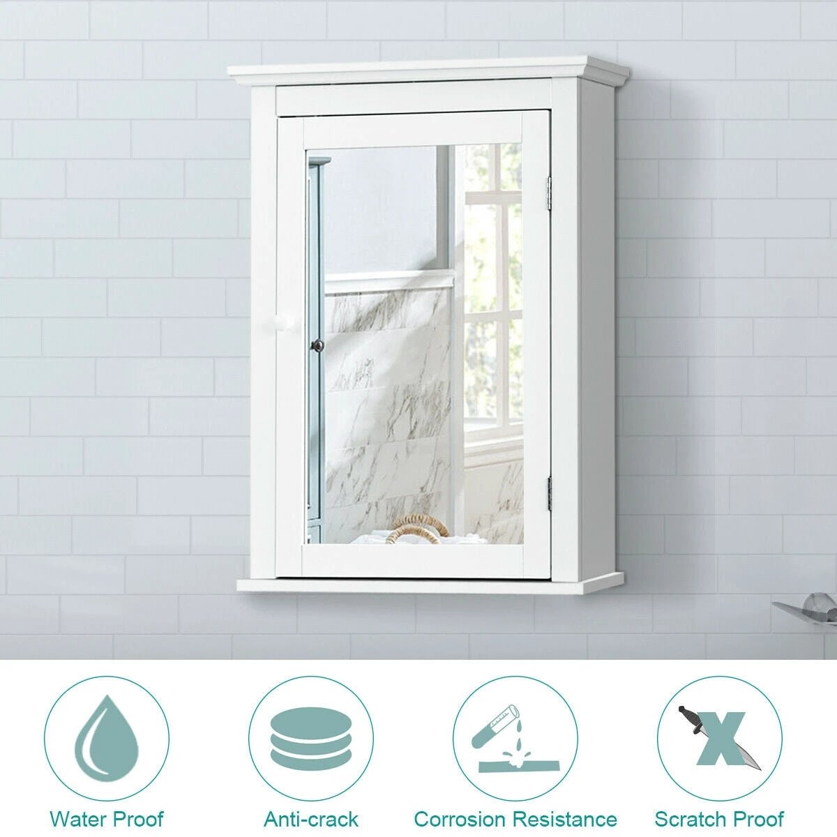 Bathroom Mirror Cabinet Wall Mounted Adjustable Shelf Medicine Storage-White by DirectDeals