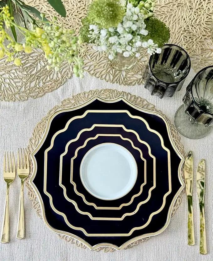 " OCCASIONS " 10 Pieces 13.25'' Scalloped Disposable/Reusable Plastic Charger Plates for Wedding, (Scalloped Imperial Black & Gold) by joycraft