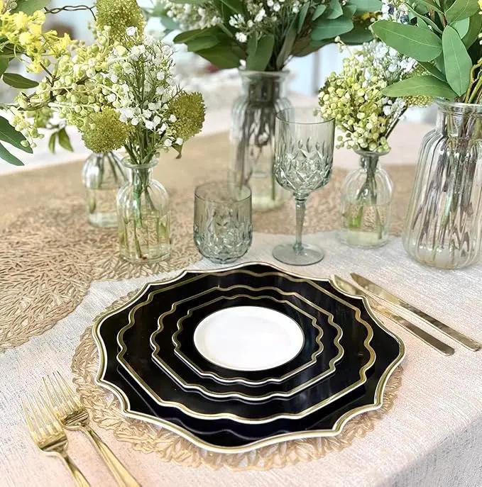 " OCCASIONS " 10 Pieces 13.25'' Scalloped Disposable/Reusable Plastic Charger Plates for Wedding, (Scalloped Imperial Black & Gold) by joycraft