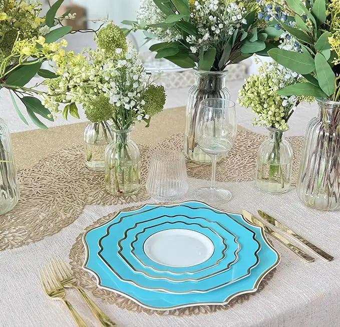 " OCCASIONS " 10 Pieces 13.25'' Scalloped Disposable/Reusable Plastic Charger Plates for Wedding, (Scalloped Imperial Aqua & Gold) by joycraft