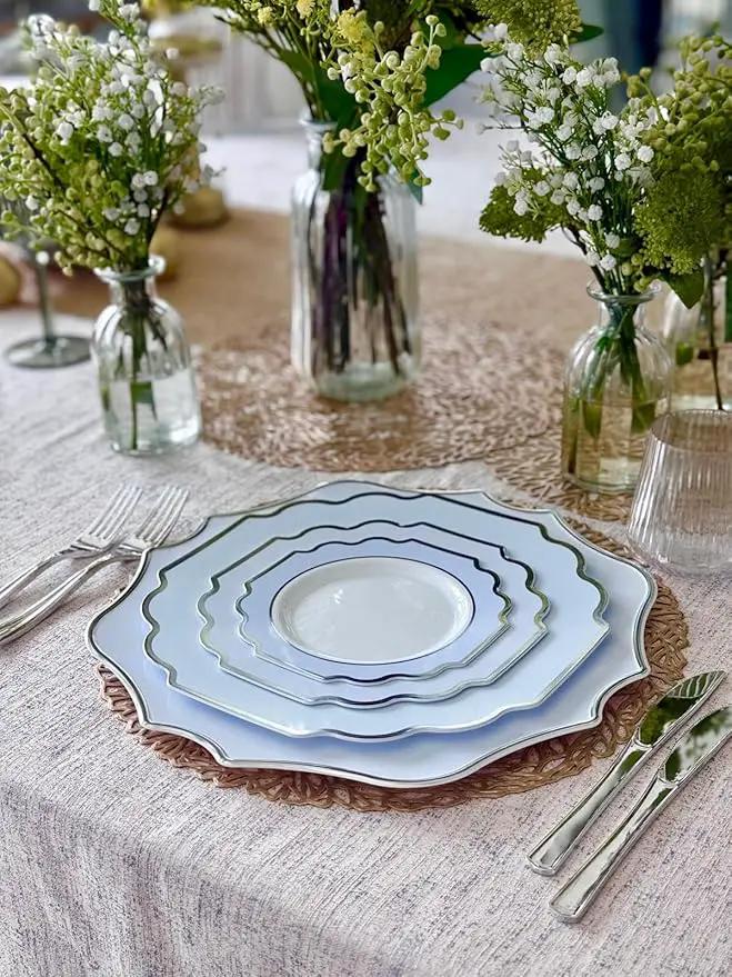 " OCCASIONS " 10 Pieces 13.25'' Scalloped Disposable/Reusable Plastic Charger Plates for Wedding, (Scalloped Imperial Blue & Silver) by joycraft