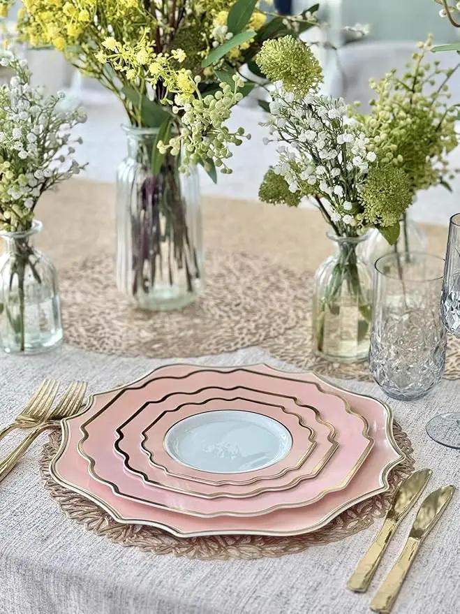 " OCCASIONS " 10 Pieces 13.25'' Scalloped Disposable/Reusable Plastic Charger Plates for Wedding, (Scalloped Imperial Blush & Gold) by joycraft