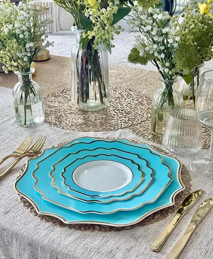 " OCCASIONS " 10 Pieces 13.25'' Scalloped Disposable/Reusable Plastic Charger Plates for Wedding, (Scalloped Imperial Aqua & Gold) by joycraft