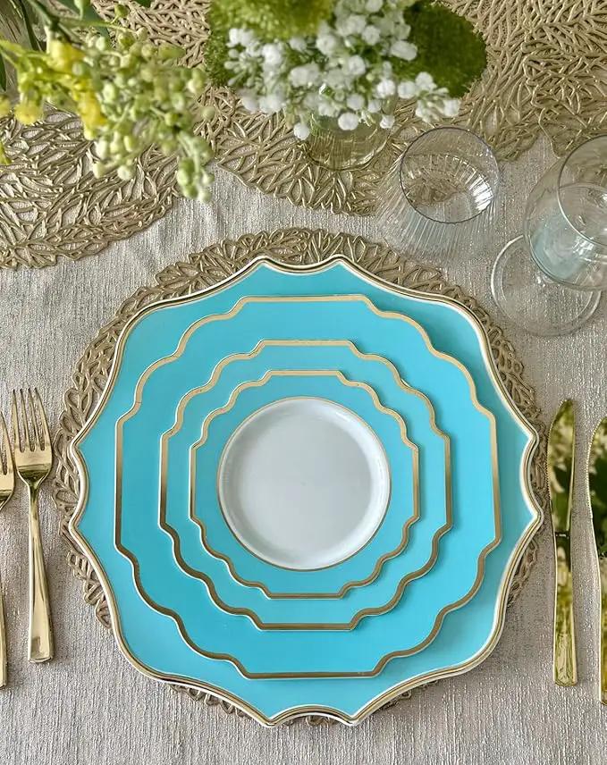 " OCCASIONS " 10 Pieces 13.25'' Scalloped Disposable/Reusable Plastic Charger Plates for Wedding, (Scalloped Imperial Aqua & Gold) by joycraft