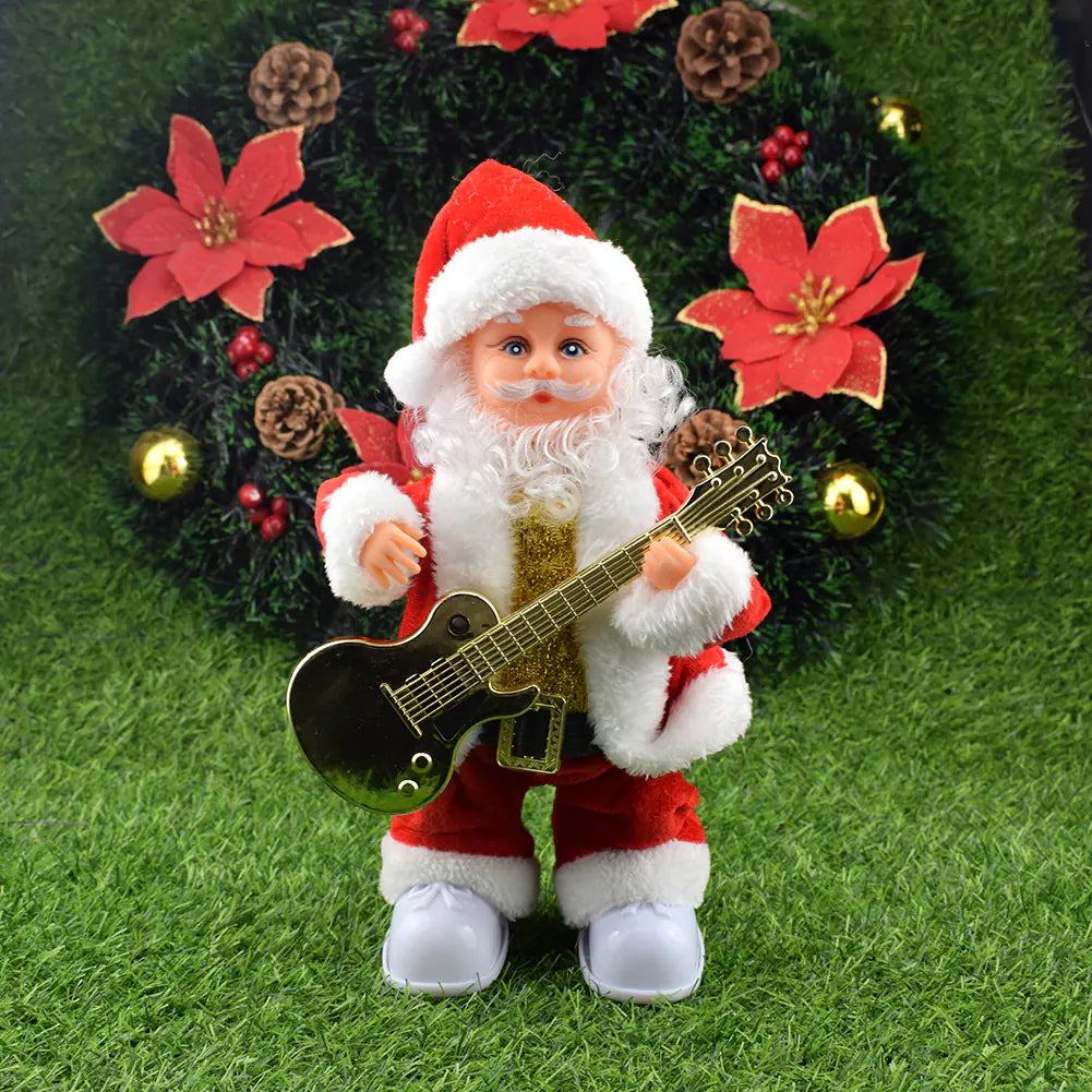Santa Claus figurine playing a guitar with a Christmas wreath in the background