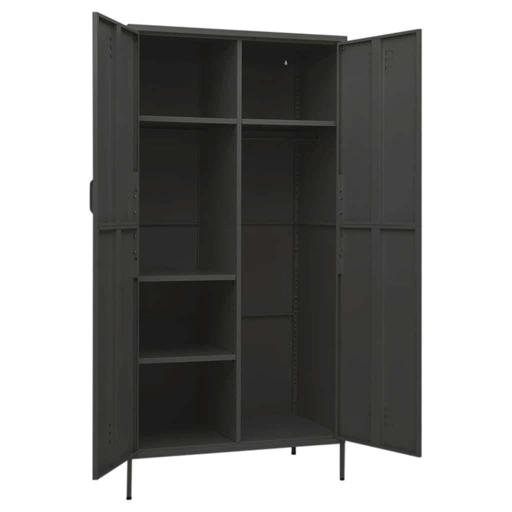 Black metal storage cabinet with open doors on a white background