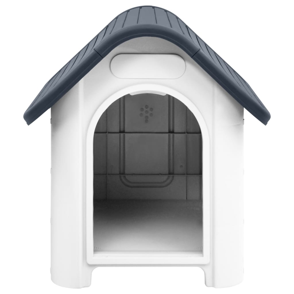 White dog house with a dark gray roof on a white background