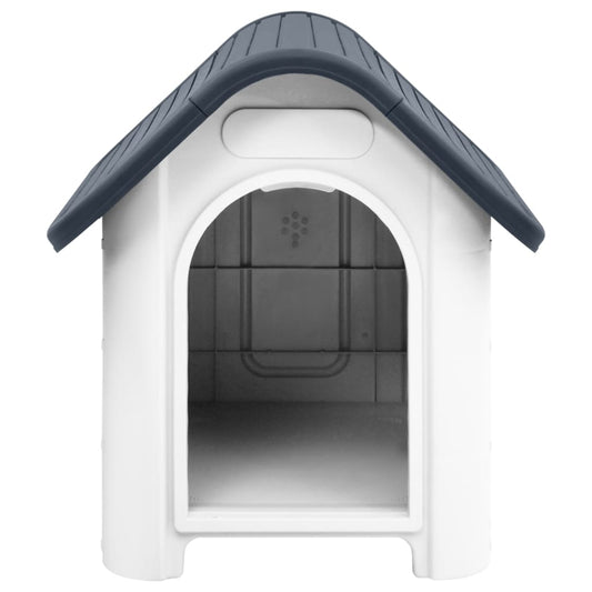 White dog house with a dark gray roof on a white background