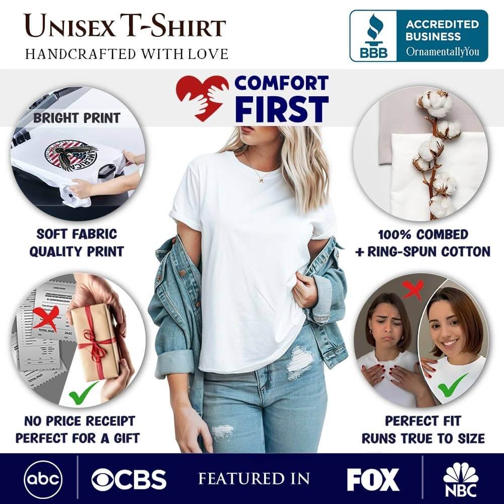 Unisex t-shirt advertisement with various features and a person wearing the t-shirt.